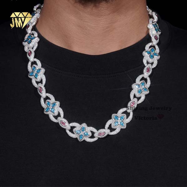 10mm Sterling Silver Cuban Necklace with Moissanite Blue Zircon Clover Charms OEM ODM 