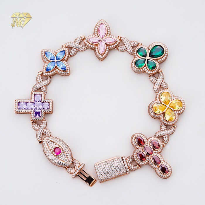 Custom 11.49 ct Silver Cuban Bracelet for Men Women with Multicolor CZ Stones