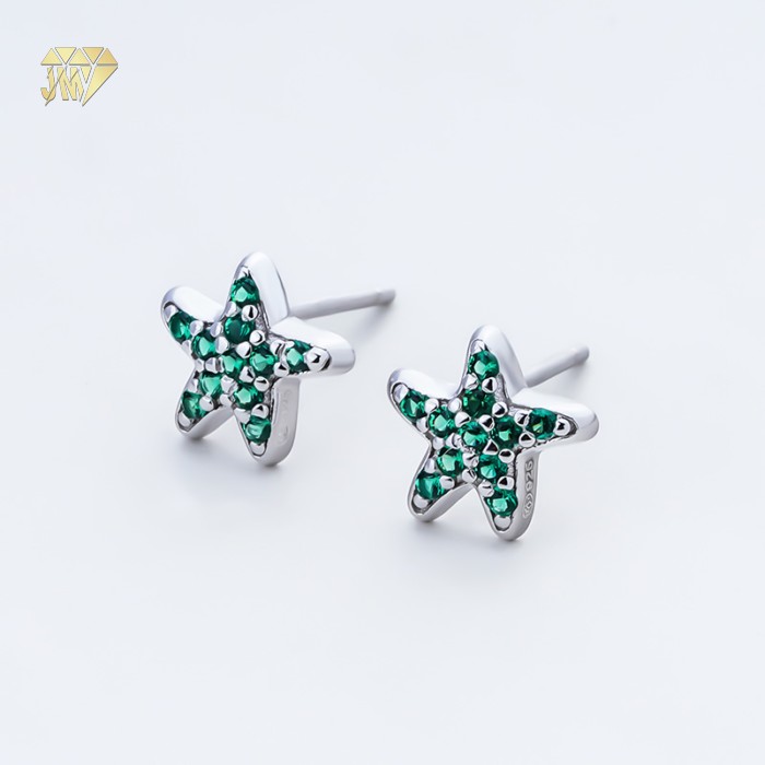 Star Stud Earrings Silver 925 with White Moissanite Green Zircon