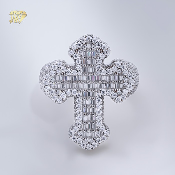 Hip Hop Iced Out Rings Cross Baguette Moissanite Rhodium Plated OEM Jewelry Supplier 