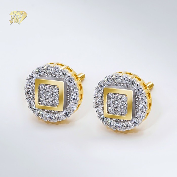 Gold Round Stud Earrings Square Center with 9 White Moissanite Stones Supplier