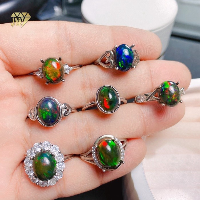 Rhodium Plated 925 Silver Natural Opal Ring 8x10mm Oval Adjustable Sizing OEM Supplier