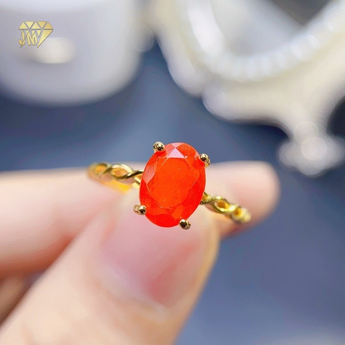 18K Gold - Plated 925 Sterling Silver Fire Opal Ring Natural Oval Fire Opal with White Moissanite OEM   