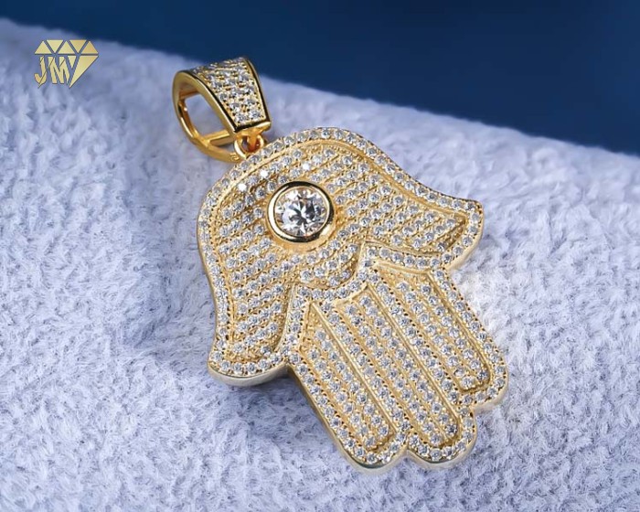 Hamsa Hand Pendant in 925 Sterling Silver with Diamond Accents